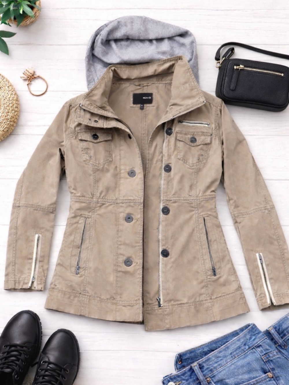 Hurley Tan Utility Jacket w/ Hood | Zip Button Coat | Size Small